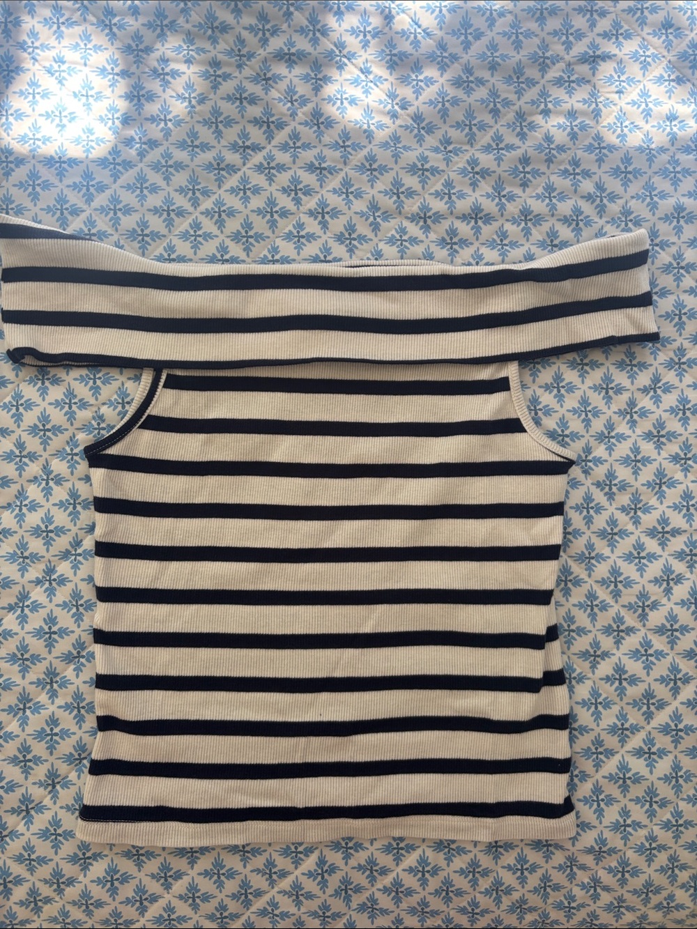 H&M Off-the-Shoulder Striped Shirt in Navy and Cream